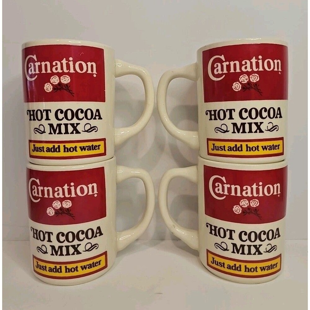 Vintage Set Of 4 Carnation Hot Coco Mix Advertising Ceramic Coffee Mug Milk